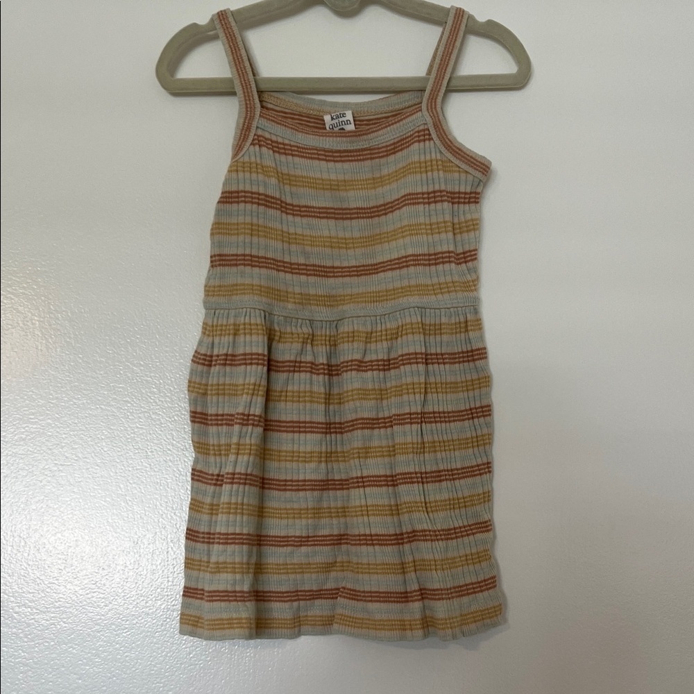 Kate Quinn Kids Casual Dress in Cream and Brown Yellow and Blue Stripes